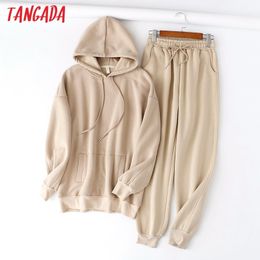Tangada 2020 Autumn Winter Women thick fleece 100% cotton suit 2 pieces sets hoodies sweatshirt and pants suits LJ201125