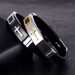 Charm Bracelets Black Silicone And Stainless Steel Cross Pattern Adjustable Bracelet Wristband Gift For Him1
