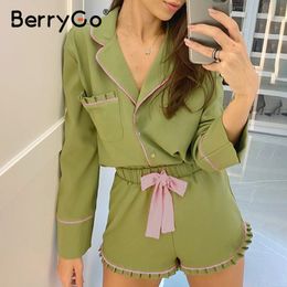 BerryGo Women Green Casual Pyjamas Pyjamas Set Long Sleeve Sleepwear Pijama Suit Female Sleep Two Piece Women Set Loungewear T200707