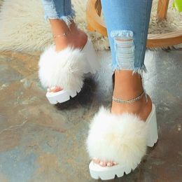 Woman Fury Slippers Furry Slides Pumps High Heels Platform Women Party Square Fur Furry Sandals White Red 2020 X1020