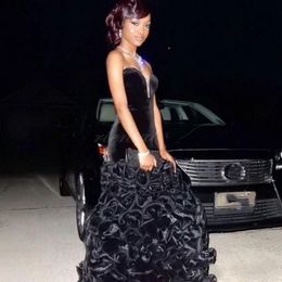 Black Gilrs Velvet Prom Dresses Sweetheart Sleeveless Mermaid Ruffles Organza Skirt Christmas Evening Party Dress