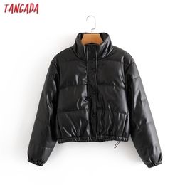 Tangada Women Black Faux Leather Oversize Parkas Thick Winter Zipper Pockets Female Warm Elegant Coat Jacket QN63 201112