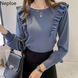 Neploe Autumn Ruffles Sweater Women Sweet Long Sleeve Slim Winter Knit Pullover O-neck Casual Jumper Knitwear Tops 55298 201221