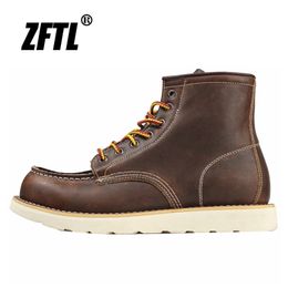 ZFTL Men's Martins Boots American retro tooling boots Casual Crazy Horse Leather Vintage Man Lace up Ankle 211229