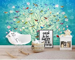 Beibehang Customised large fashion photo wallpaper blue branches hand-painted flowers and birds mural wall decoration