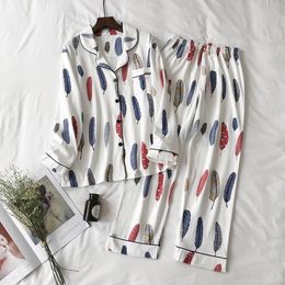 2020 New Cute Sleepwear Sets Cotton Women Feather Print long Sleeve Turn-down Collar Pants Pyjama Two piece Set Y200708
