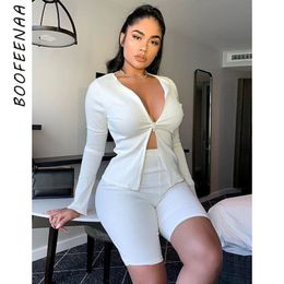 BOOFEENAA Sexy Two Piece Matching Sets Sports Outfit Women Rib Knit Zipper Long Sleeve Crop Top Biker Shorts Spring 2020 C97AC85 T200702