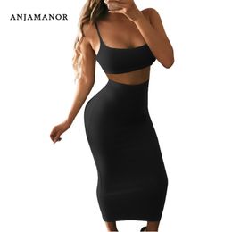 ANJAMANOR Summer 2 Piece Set Sexy Club Outfits Bodycon Dress Black Skirt Set Maxi Two Piece Matching Sets D53-AA07