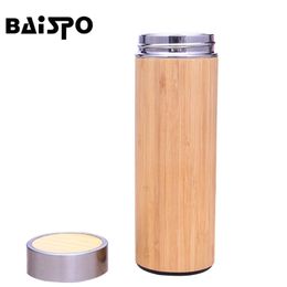 tea infuser thermos UK - BAISPO T Stainless Steel Water Bottle Bamboo Shell Hot Water Tea Infuser T Travel Mug Bottle Insulated Cup 201204