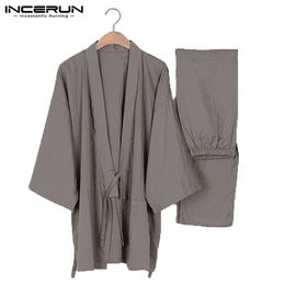 Men's Sleepwear Men Kimono Set Homewear Japanese Style Solid Colour Cotton Tops And Pants Pyjamas Loose Casual Comfy L-5XL1281y