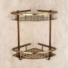 Bathroom Antique Bronze Shelf Two Layer Corner Aluminium Basket Shower Caddy Hair Dryer Holder etagere salle de bain murale tipi Y200407