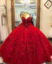 Straps V Neckline 3D Flowers Quinceanera Dress and Lace Red Floor Length Sweet 16 Party Dress