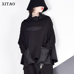 XITAO Harajuku Patchwork Pocket T Shirt Women Stand Collar Plus Size Casual Black Streetwear Female Stitch Korean Summer LJ200814