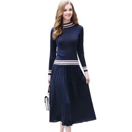 Autumn knit tops sweater skirts Up and down Two-piece Vintage style Long-sleeved Pullover sweater and Skirt Autumn women's suit LJ201120