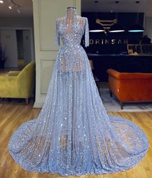 Glitter Blue Evening Dresses Bling Bling High Collar Long Sleeve Prom Gowns Illusion Sequins Beading Formal Runway Fashion Dress