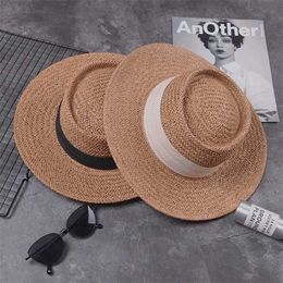 Women Summer Beach Sun Cap New Brand Flat Top Straw Hat Fashion Girl Ribbon Beach Hat Bone Feminino Gorra Y200602