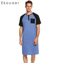 Ekouaer Men Sleepwear Long Nightshirt Short Sleeve Nightwear Night Shirt Comfortable Loose Sleep Shirt Male Homewear Sleepshirts 201023