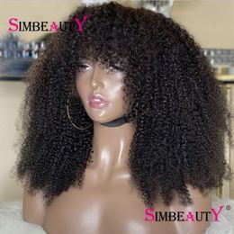 Afro Kinky Curly 250Density Glueless Full Machine Made Wigs With Bangs Mongolia Remy Human Hair Fringe 4b 4c Wig For Black Women