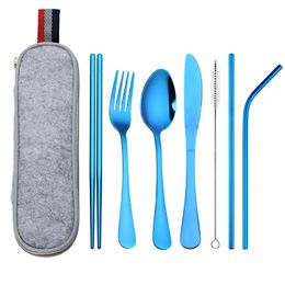 8pcs Sets Knife Fork Scoop Straight Curved Straw Chopsticks Brush Stainless Steel Portable Bag Tableware Suit Travel Utensil 18 8wl K2