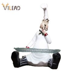 VILEAD 26cm Resin Chef Holding Fruit Plate Figurines Fashion Creative Home Restaurant Table Decoration People Miniature Ornament 201201