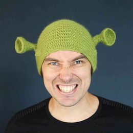 Unisex Balaclava Monster Shrek Hat Wool Winter Knitted Hats Green Party Funny Beanie Skullies Cap for Women Men Pure Handmade