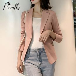 PEONFLY Women Formal Pink Red Blazer Long Sleeve Ladies Coat Female Pockets Single Buttons Blazer Solid Business Suits LJ201021