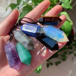 Big Natural Stone Pendant Crystal Jewellery Lapis Amethyst Opal Rose Quartz Obsidian Bullet Hexagonal Pendulum Necklace Amulet