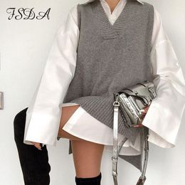 FSDA V Neck Women Split Vest Sweater Dress Sleeveless Gray Autumn Winter Loose Casual Knitted Jumper Oversized Pullover 201008