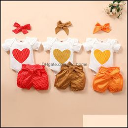 Clothing Sets Baby & Kids Baby, Maternity Girls Outfits Infant Love Heart Flying Sleeve Tops+Dots Shorts+Headband 3Pcs/Set Summer Boutique F