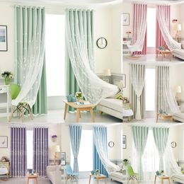 Korean Double Blackout Curtain with Embroidered Sheer 1 Piece Living Room Bedroom Window Decoration Elegant Darkening Drapes LJ201224