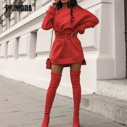 Off Shoulder Winter Warm Sweatshirt Dress Plus Size Women Autumn Long Sleeve Casual Lace-Up Bandage Hoodies Dress PR345M 201030