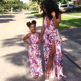 NASHAKAITE Mommy and me clothes Sleeveless Fashion Split Bandage Long Dress Mother daughter dresses mum and daughter clothes LJ201111