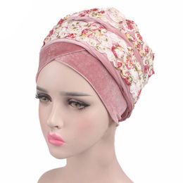 Women Luxury floral Velvet Turban Extra Long Tube Head Wrap Muslim Scarf Turbante
