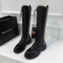 Women Combat Boots Antumn Female High Platform Gothic Shoes Black Leather Boots Lace up Women Knee High Boots 201019