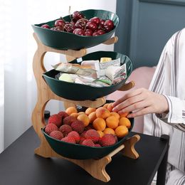 2/3 Tiers Plastic Fruit Plates with Wood Holder Oval Serving Bowls for Party Food Server Display Stand Fruit Candy Shelves 201214