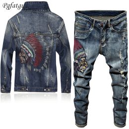 Autumn Winter New Fashion Embroidered Indian Jeans Sets Men's Stretch Jeans + Slim Casual Denim Jacket Vintage Two Pieces Sets 201202