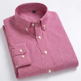 Men's Standard-Fit Long-Sleeve Micro-Check Shirt Patch Pocket Thin Soft 100% Cotton White/red Lines Checked Plaid Dress Shirt LJ200925