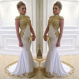 Elegent White Muslim Evening Dresses Long Formal 2022 Mermaid High Neck Gold Embroidery Crystals Women Prom Party Gowns