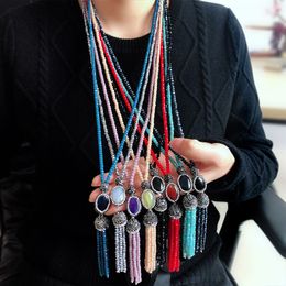 Luxury agate soft pottery full diamond tassel crystal necklace female original handmade beaded sweater chain clothing accessories