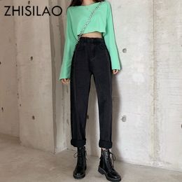 Straight Women High Waist Boyfriend Street Vintage Denim Pants Maxi Mom Plus Size Retro Jeans Black Blue 201102