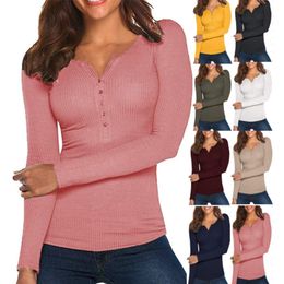 Women Spring T-Shirt, Solid Colour Ribbed Henley Neck Long Sleeve Slim-fitting Pullover for Girls, Autumn 220226