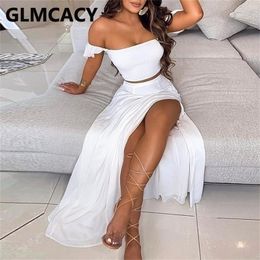 Women Off Shoulder Ruffles Top & Thigh Slit Skirt Sets Solid Chic Party Suits 220302