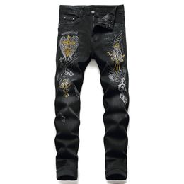 New Men Streetwear Personality Ripped Printed Skinny Jeans Hip Hop Punk Casual Motorcycle Stretch Denim Jeans Fashion Black Trousers
