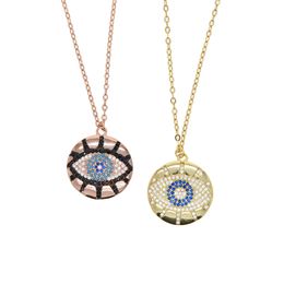 Promotion Rose Gold Geometric Trendy Lady Jewellery Engraved CZ Lucky Turkish Evil Eye Charm Round Coin Pendant Necklace wholesale