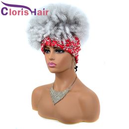 Afro Kinky Curly Scarf Headband Wig White Ombre Short Curly Synthetic Wigs For Black Women 1BT60B Heat Resistant Turban Wrap Head Band Wig