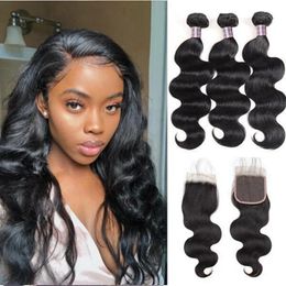 Ishow 3PCS Human Hair Bundles with Closure Brazilian Body Wave 4x4 Lace Closure Weave Natural Black for Women Girls All Ages 8-28inch