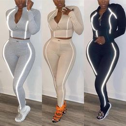 Women's Tracksuits Womens Suit Reflective Strip Stitching Fashion Sports Two-piece 2022 Set Sexy And Cute European American