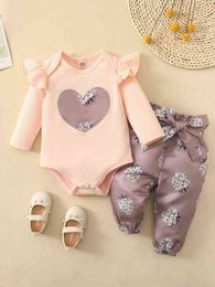 Baby Heart Embroidery Ruffle Trim Bodysuit & Strawberry Print Knot Front Sweatpants SHE