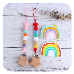 2021 rainbow infant Nipple clip +baby teether 2pcs/set silicone teething beads Wood Newborn Pacifier clip baby pacifier chain