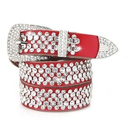 110cm 6 Colours red brown genuine leather woman female belt fashion luxury sparkling full diamonds zircon rhinestone belt 3.5cm pin buckle